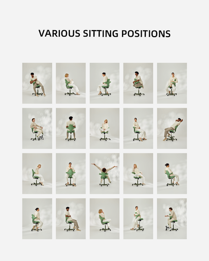 Grid of images showing various sitting positions on a chair.